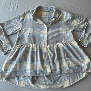 American Eagle Blue Plaid Flannel Peplum Top Womens XS Extra Small‎ Shirt